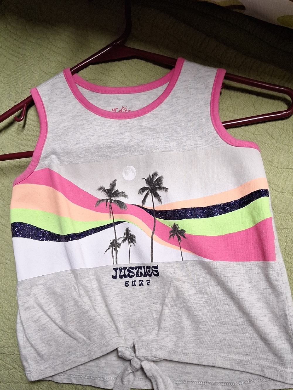 Justice Kids Grey Palm-Print Tank Top with Pink Trim